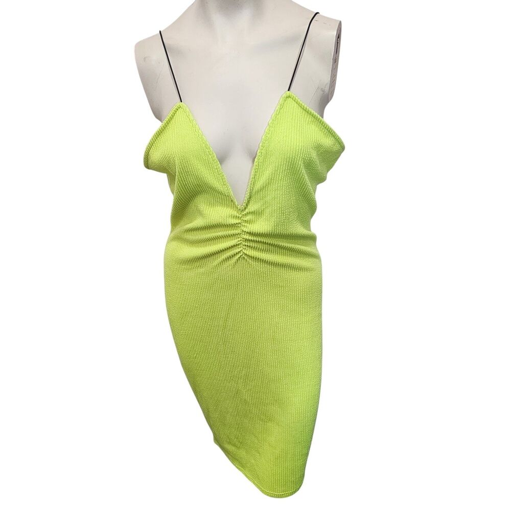 Neon Green Ribbed Bodycon Dress Womens 3X‎ Ruched Bust Deep V Club Party USA